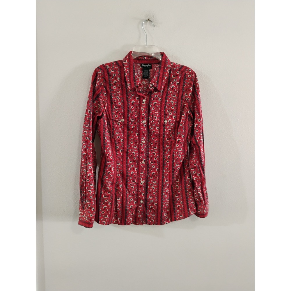 Wrangler Retro Womens Red Floral Stripe Western Snap Button Down Shirt Medium